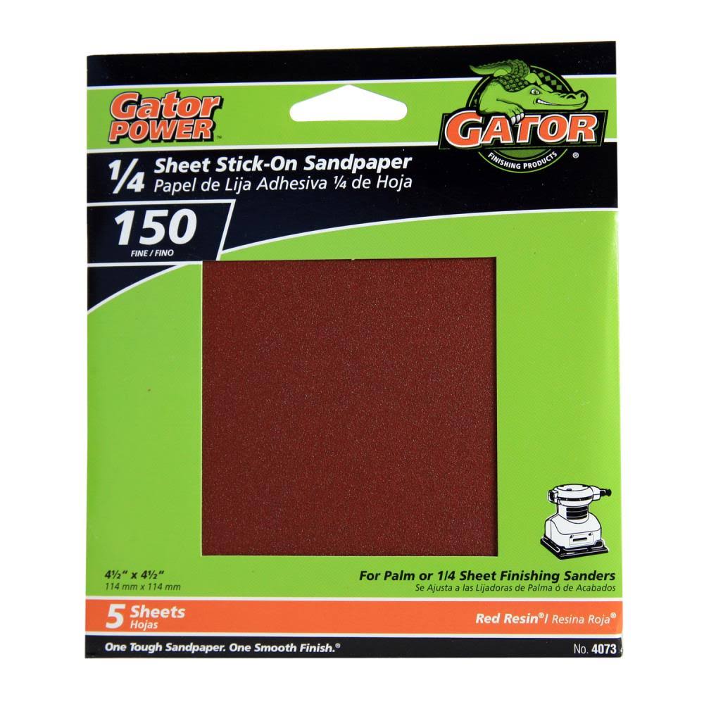 Gator 4073 Aluminum Oxide 1/4 Sheet StickOn Sandpaper, 150Grit, 4.5